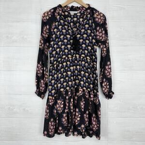 Roller Rabbit Janni Madigan Peasant Dress XS Black Floral Print Boho Whimsygoth